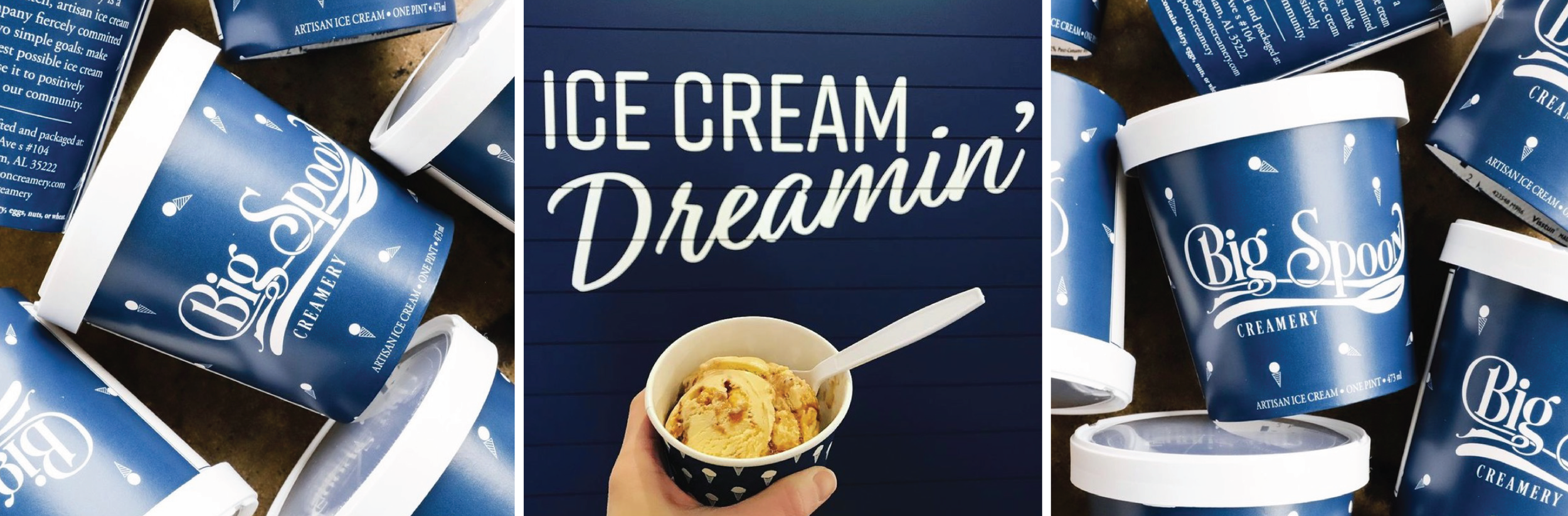 Several blue containers of Big Spoon Creamery ice cream surrounding a sign that says 'Ice Cream Dreamin'; a hand holds a cup of ice cream with a spoon in front of the sign.