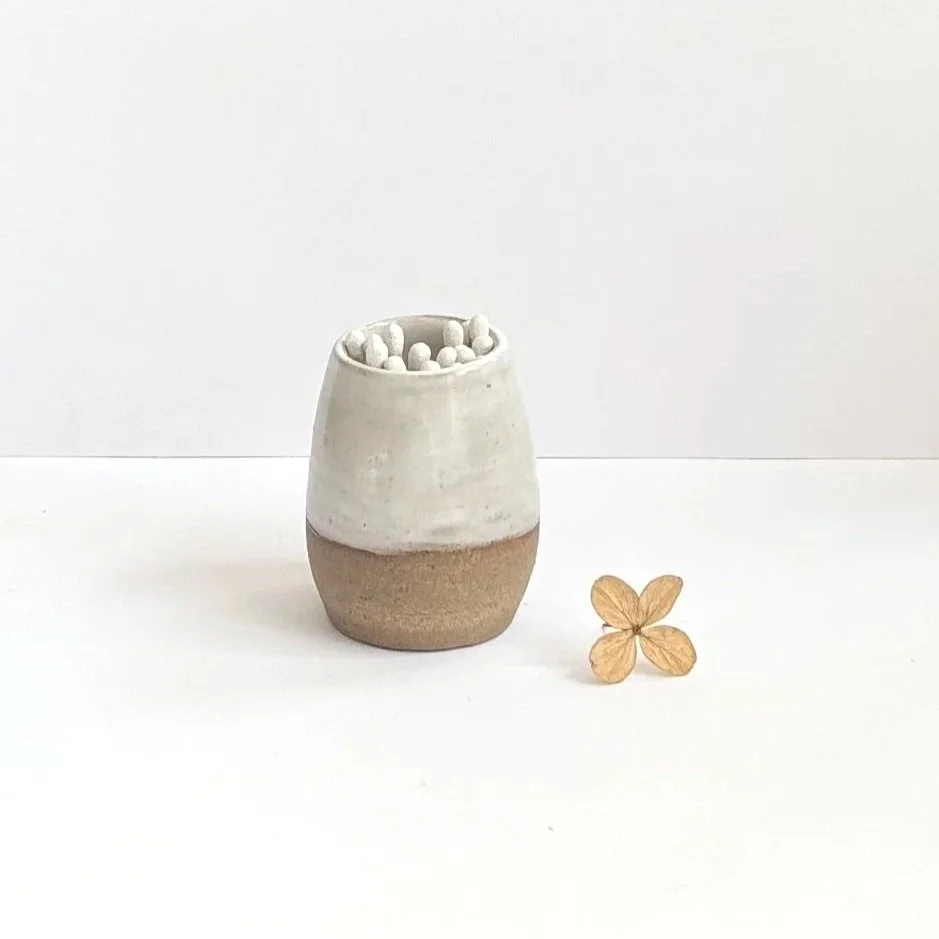 Small Toasted Stoneware Match Pot with Glossy White Glaze