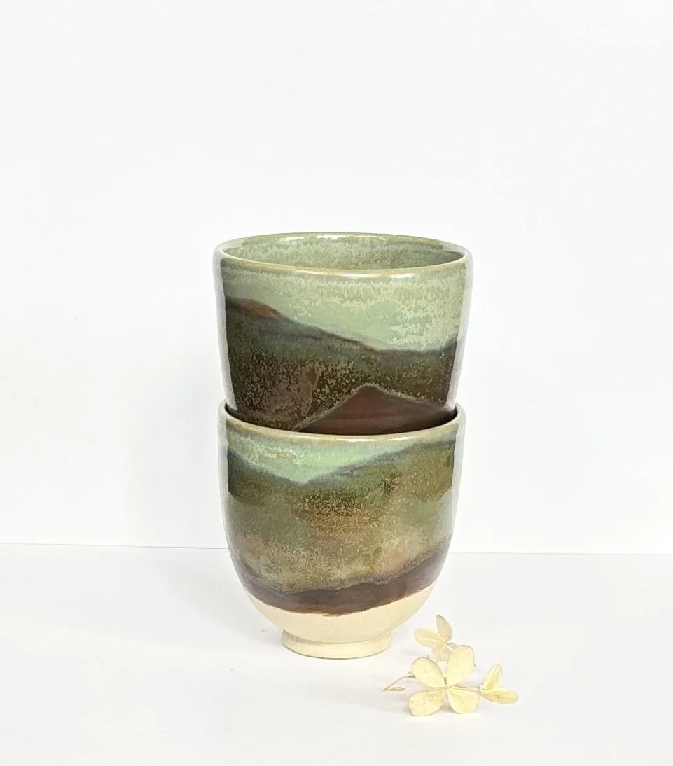 Fells: Small White Stoneware Tea Bowl/Espresso Cup with Layered Green and Bronze Glaze
