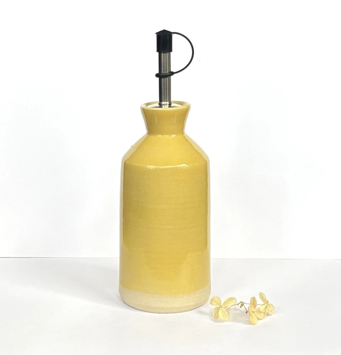 White Stoneware Olive Oil/Vinaigrette/Dressing Bottle/Drizzler with Saffron Yellow Glaze