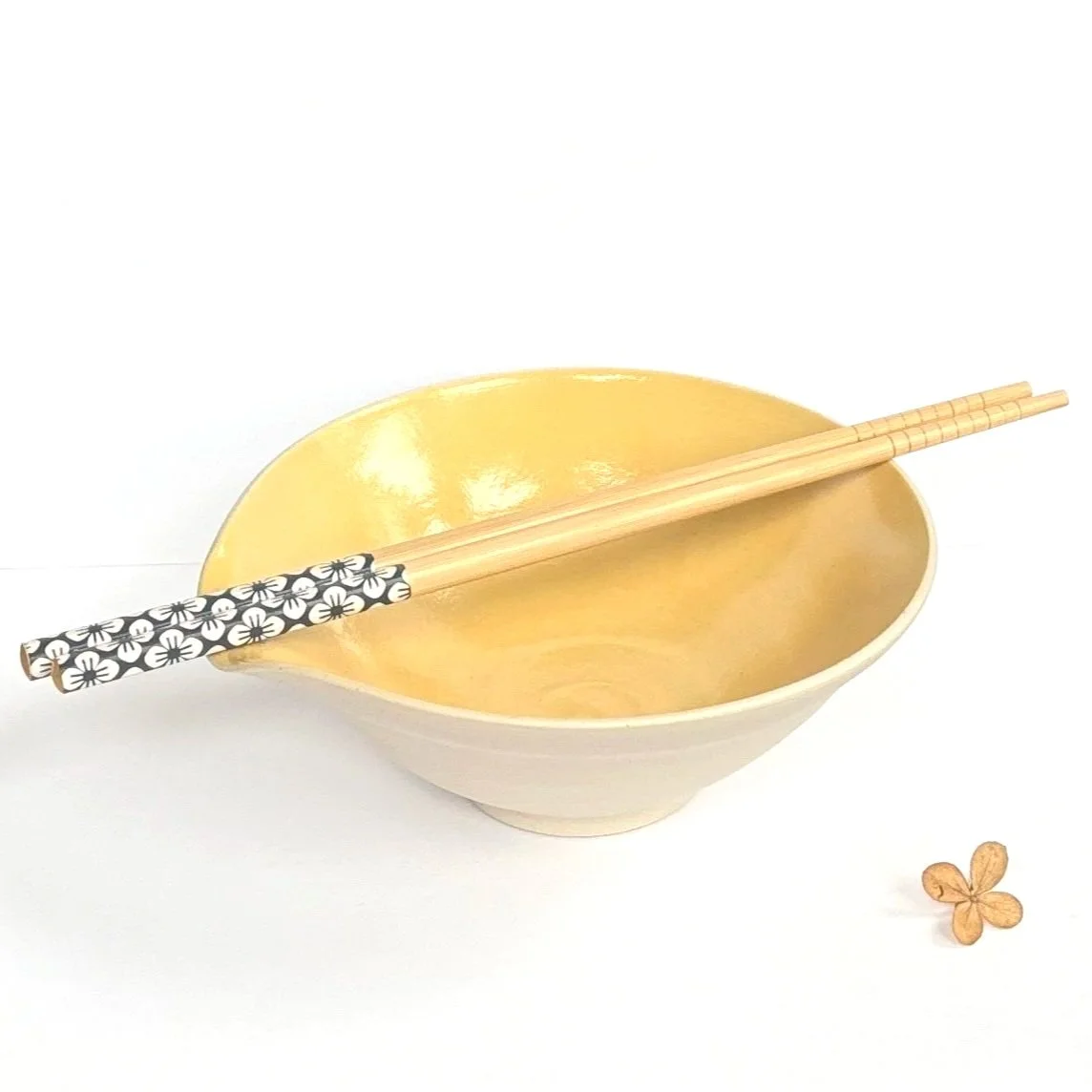 White Stoneware Bowl and Chopsticks Set with Saffron Yellow Glaze