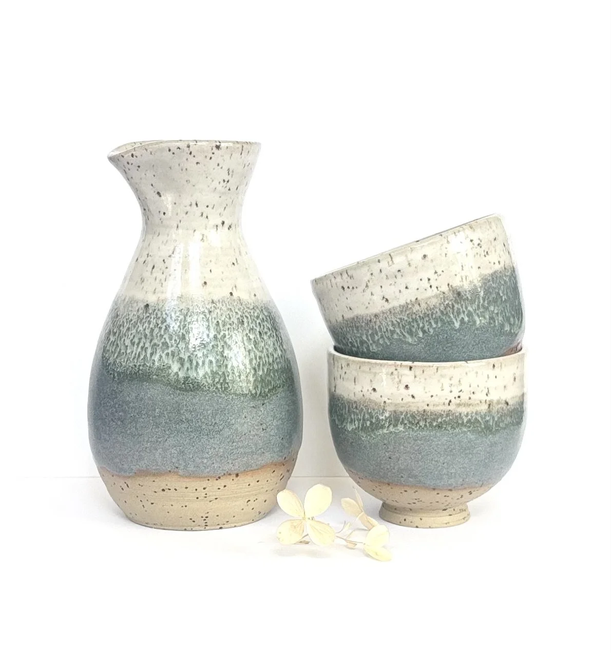 Seafoam: Small Spotted Stoneware Carafe and Cup Set