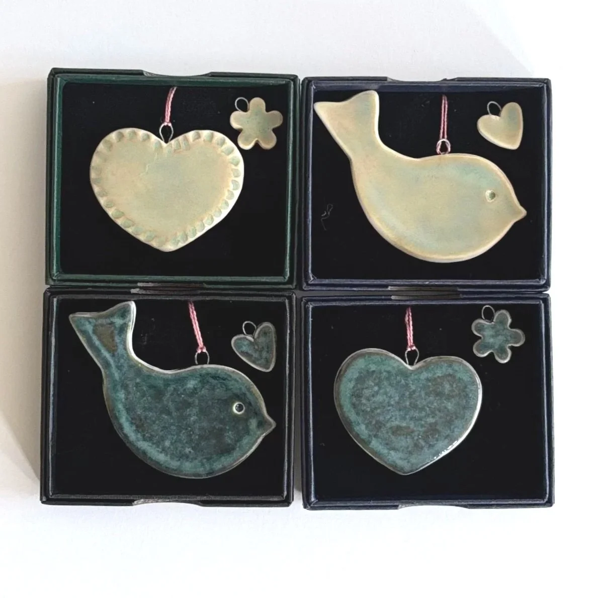 Porcelain Bird/Heart Hanging Decoration and Heart/Flower Charm Gift Set