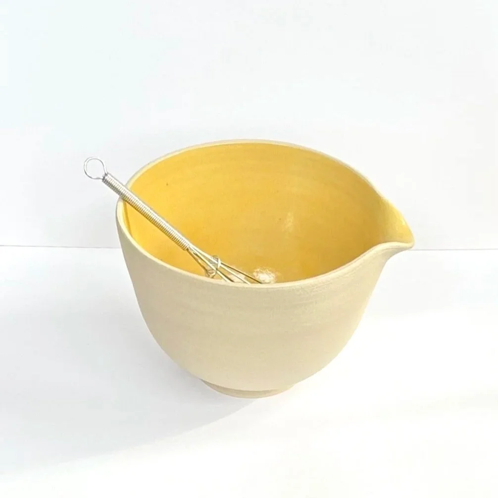 Small White Stoneware Mixing/Pouring Bowl with Saffron Yellow Glaze