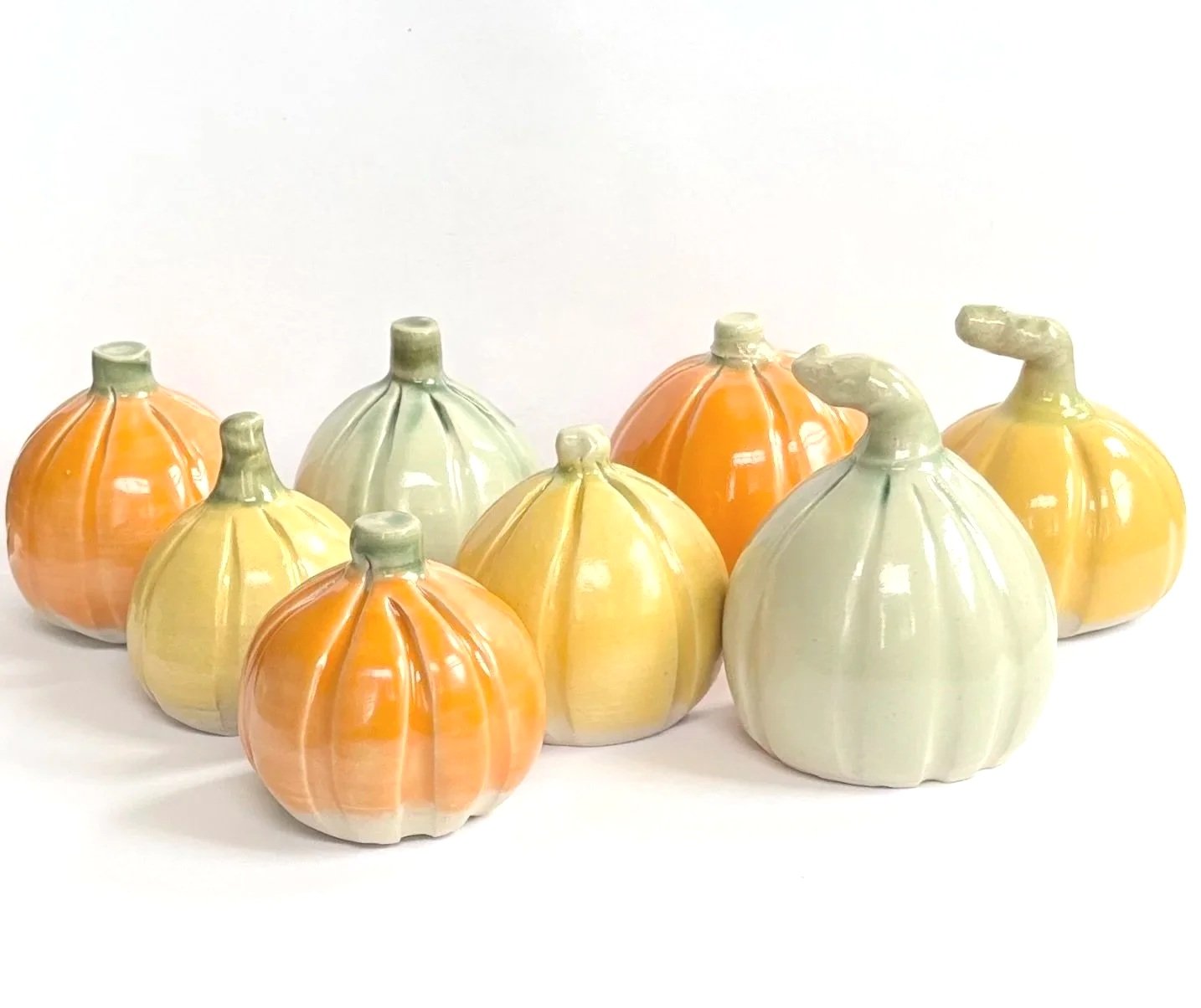 Small White Stoneware Ceramic Pumpkin with Bright Orange, Saffron Yellow or Celadon Green Glaze