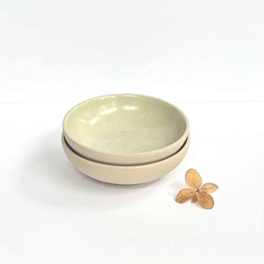 Mini White Stoneware Trinket/Condiment Dish with Winter Green Glaze