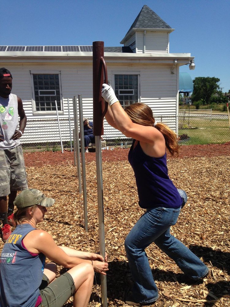  Council board member Anne McShane-Massie drives posts with help from Growing Power staff 