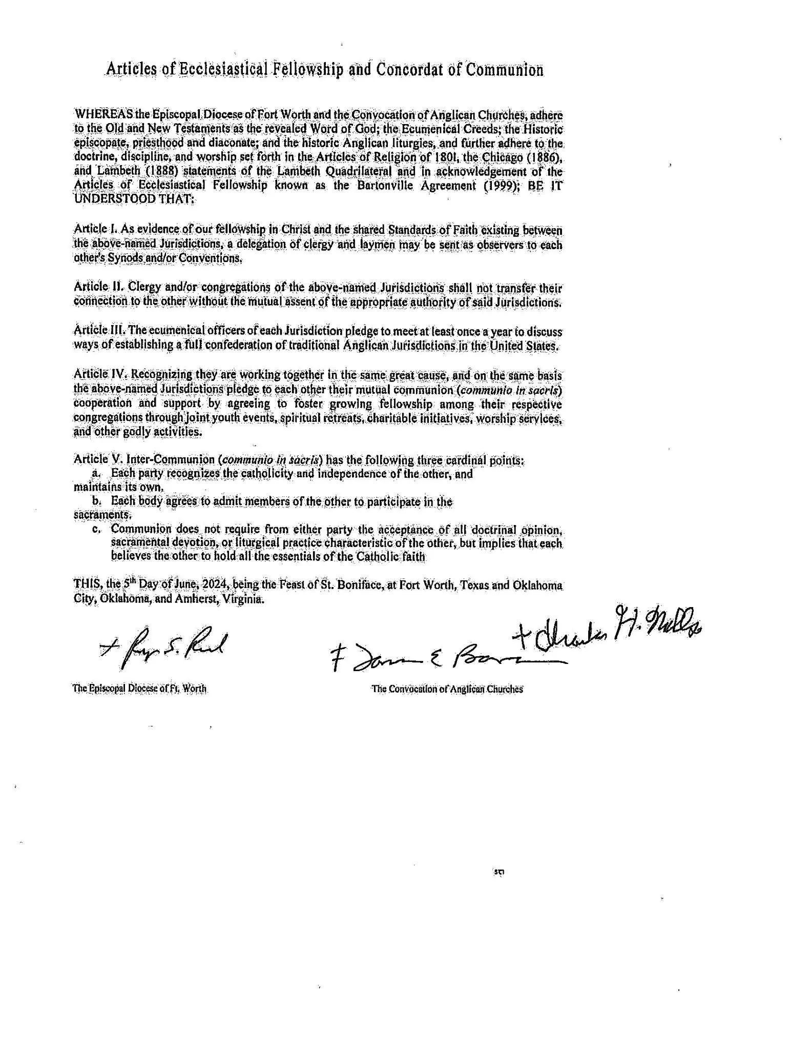 poor quality scan of Articles of Ecclesiastical Fellowship and Concordat of Communion
