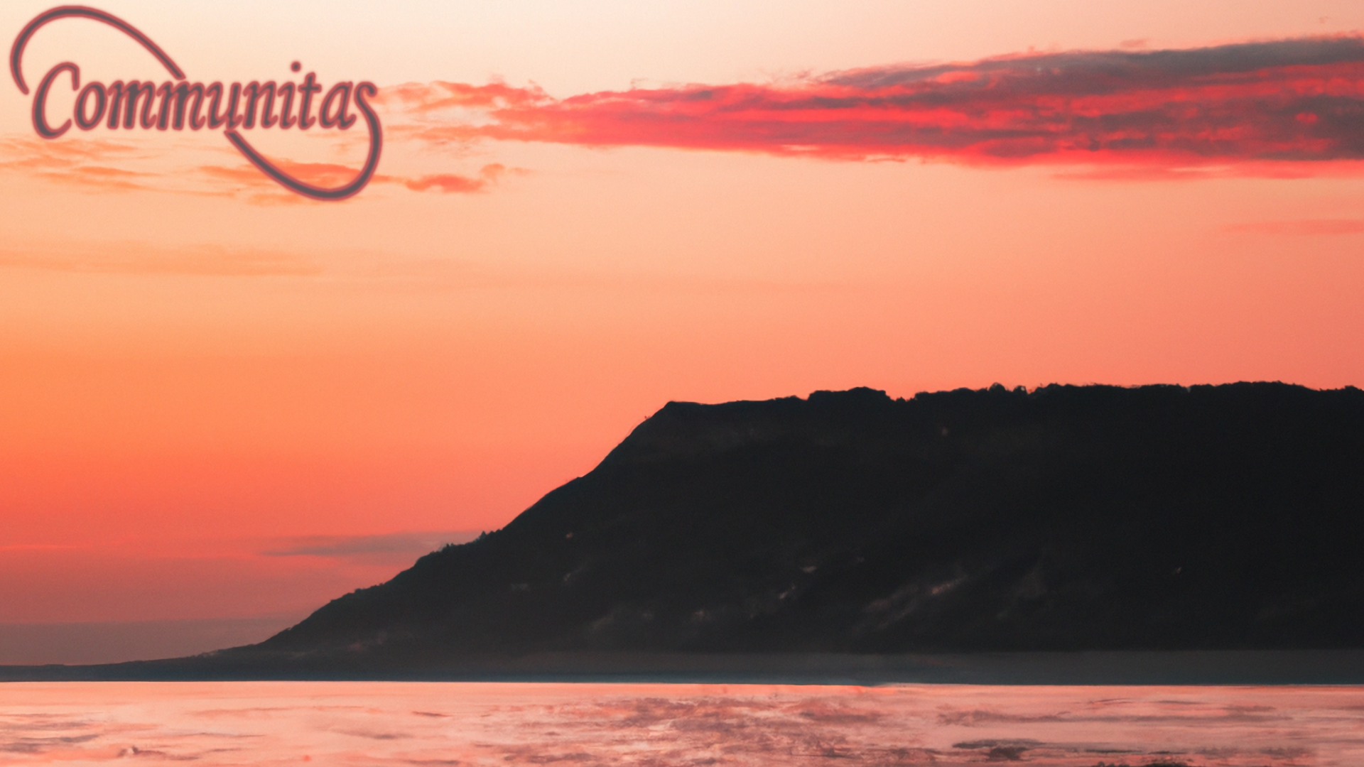 Image of a cliffside with the ocean during sunset, clouds in the sky.  Everything has a pink-golden hue due to the sunset.