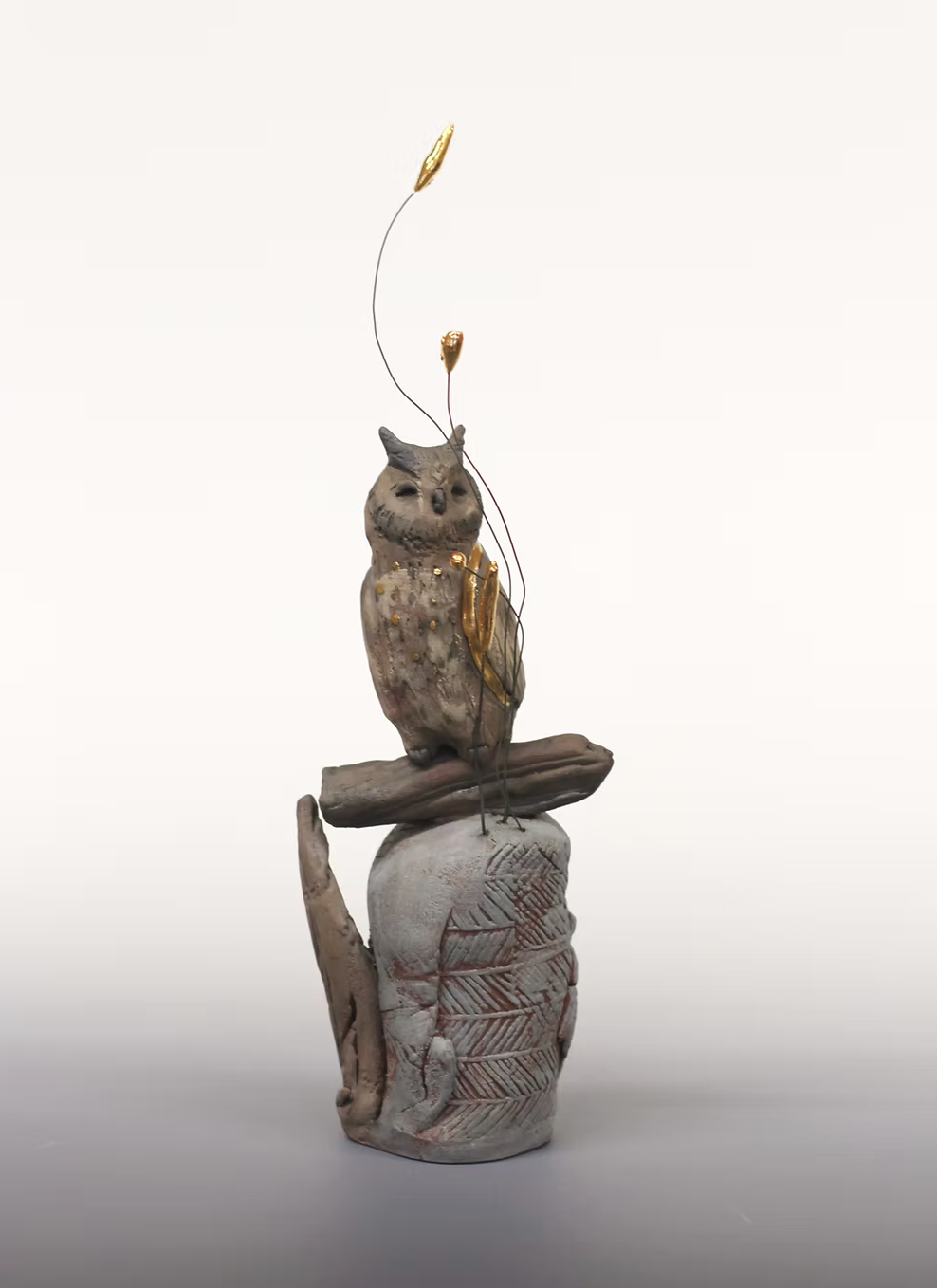 An original handbuilt ceramic sculpture by British ceramicist Jack Durling of a Long Eared Owl, from his South Downs Collection.