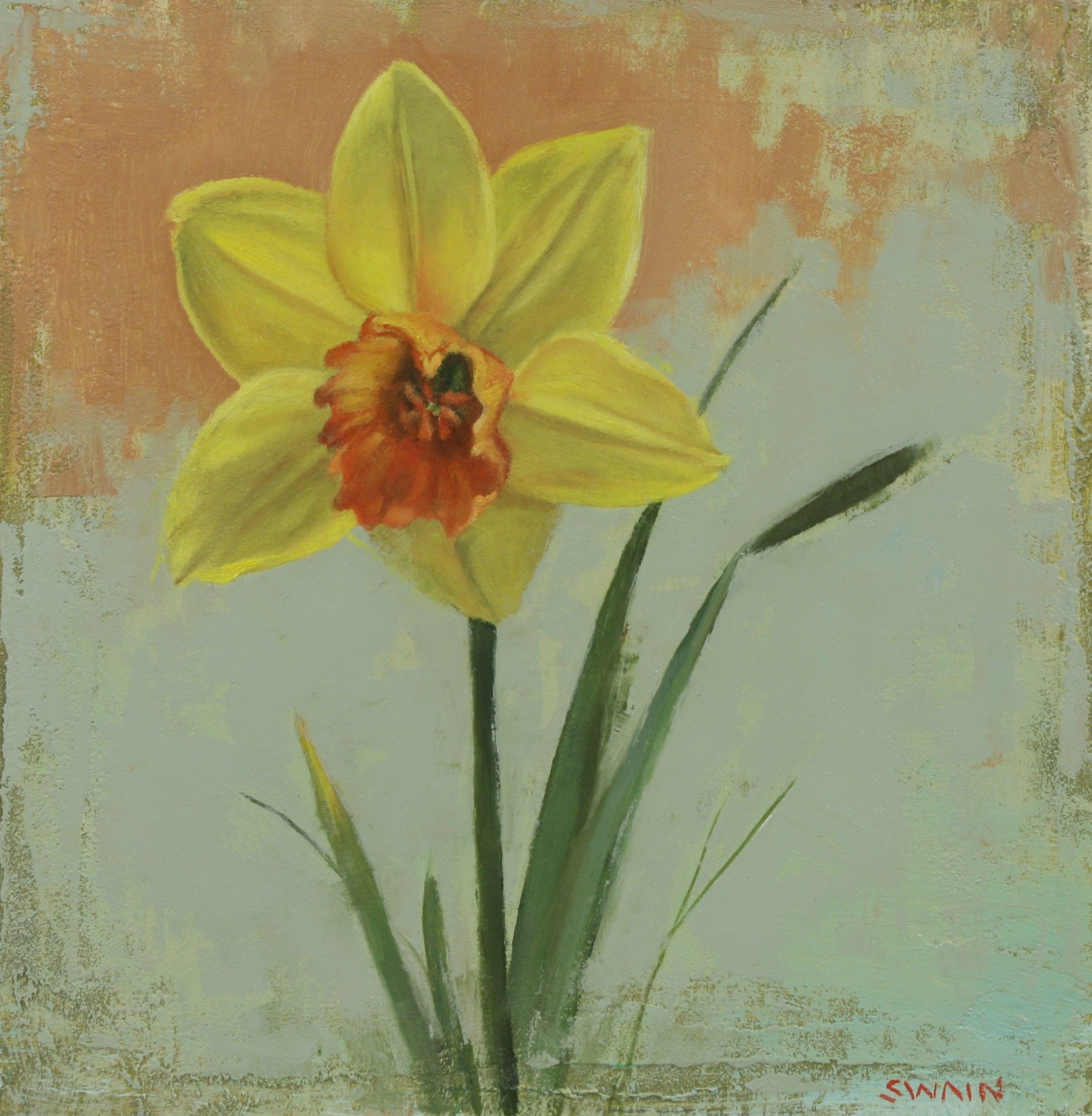 An original small work oil painting by artist Tyler Swain depicting a daffodil wide awake.