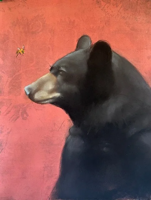 An original pastel on monotype by artist Sylvia Gonzalez depicting a black bear and a bee flirting with each other.