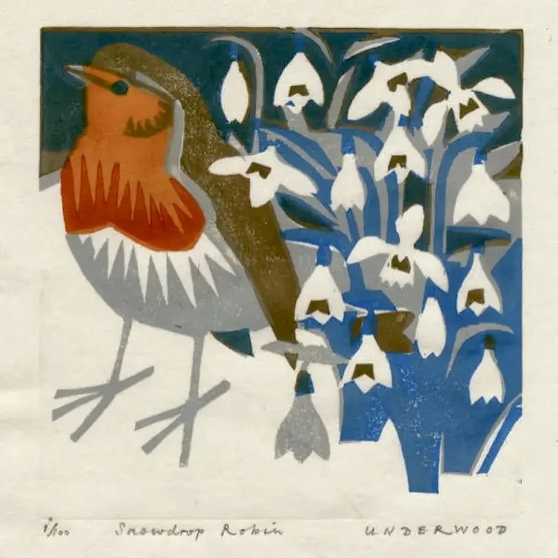 An original wood block print by artist Matthew Underwood depicting a european robin.
