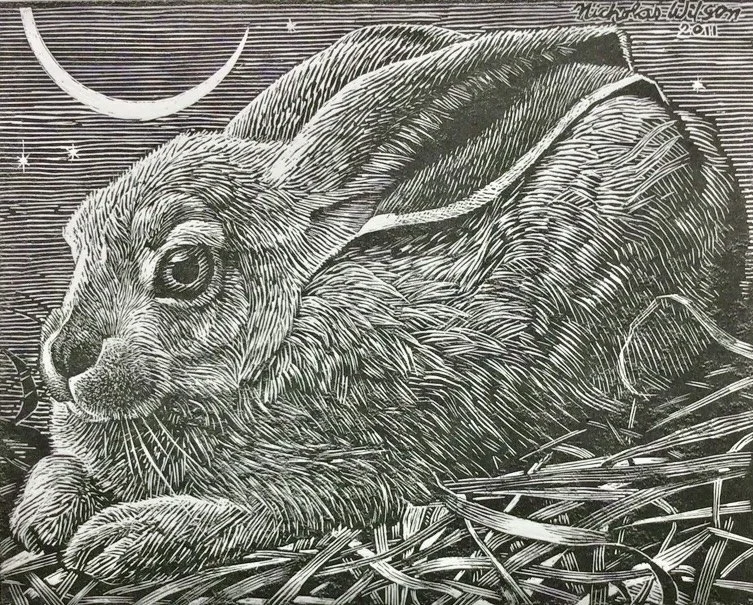 An original wood engraving by artist Nicholas Wilson, printed on Mohawk superfine paper, numbered edition of 37.