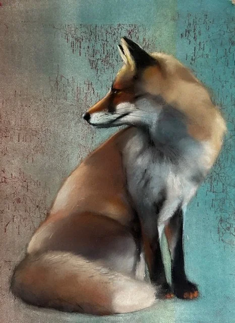 An original pastel on monotype by artist Sylvia Gonzalez depicting a red fox.