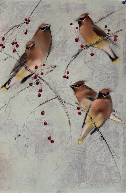 An original pastel on monotype by artist Sylvia Gonzalez depicting a group of Cedar Waxwings