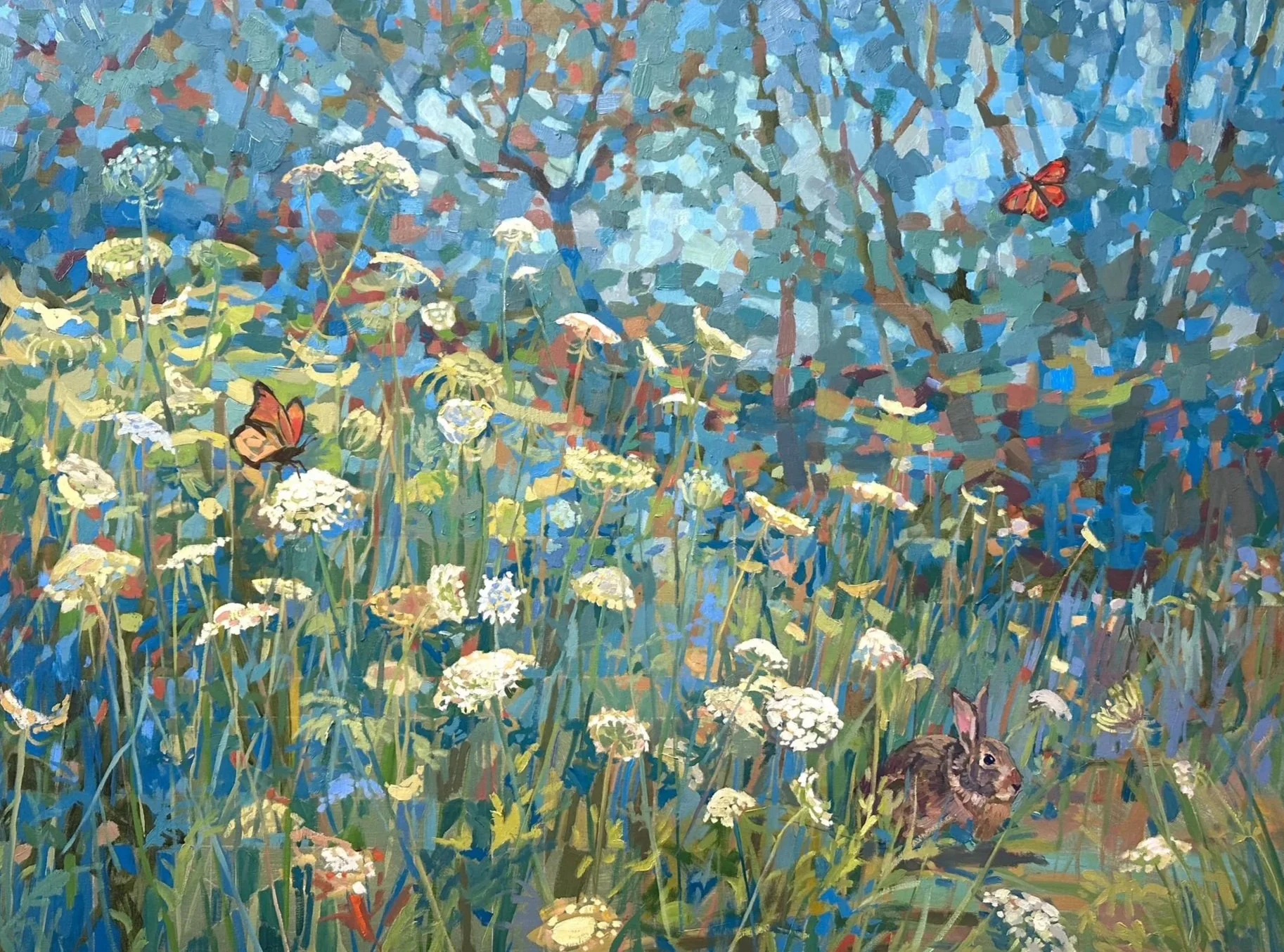 An original oil on linen painting by artist Deliece Blanchard depciting a lively woodland scene replete with butterflies, queen anne's lace, and a rabbit.