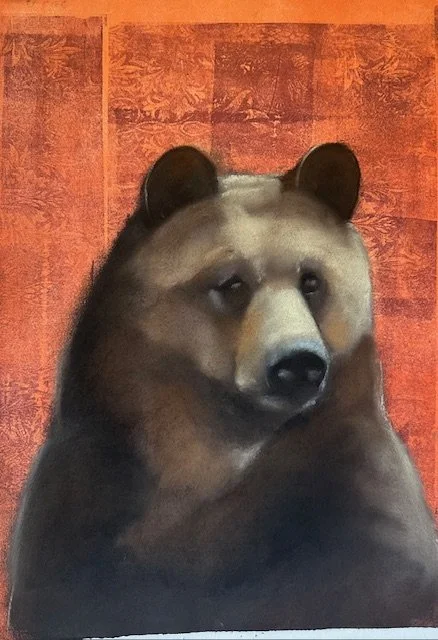 An original pastel on monotype by artist Sylvia Gonzalez depicting a Brown Bear
