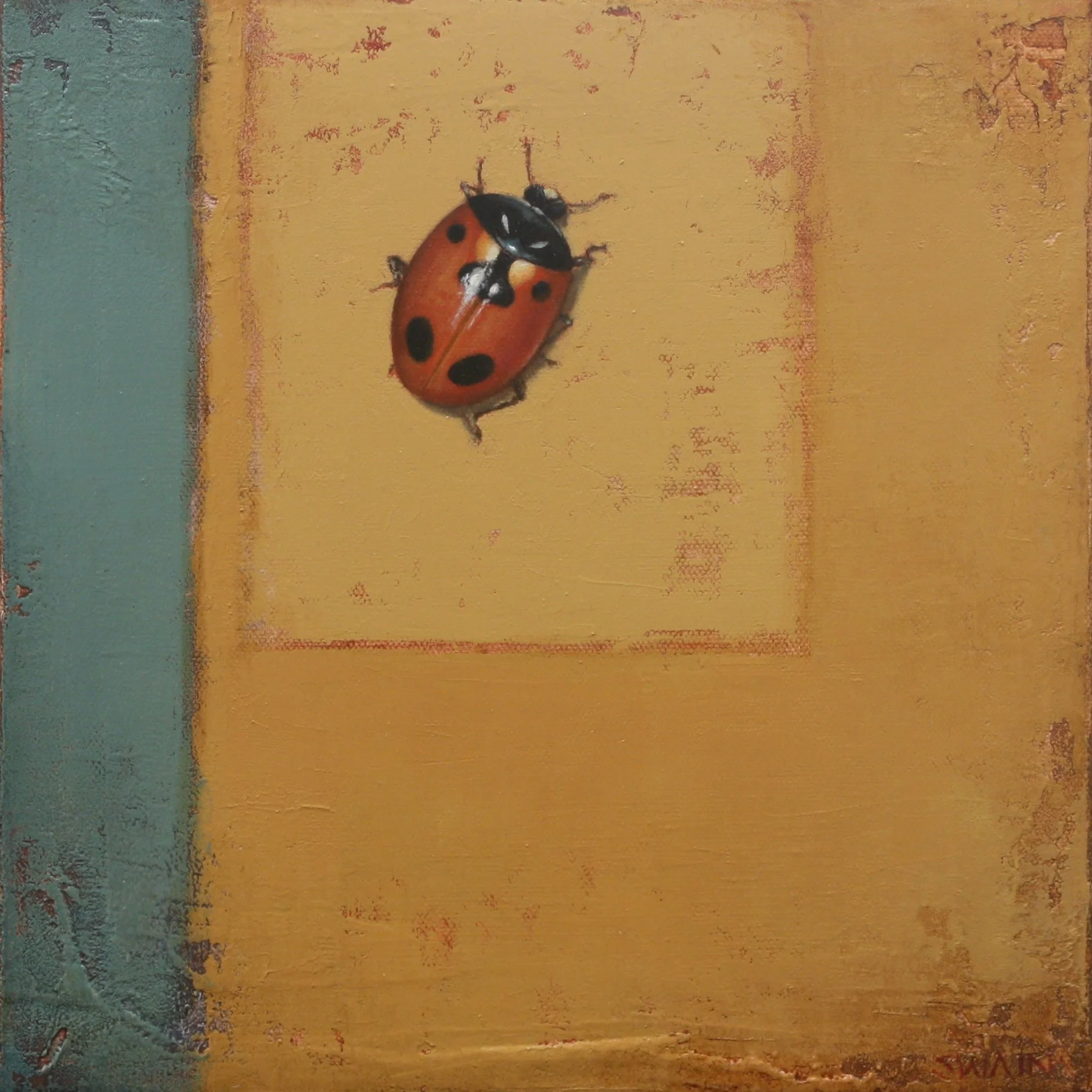An original small work oil painting by artist Tyler Swain depicting a ladybug, minding her own business.