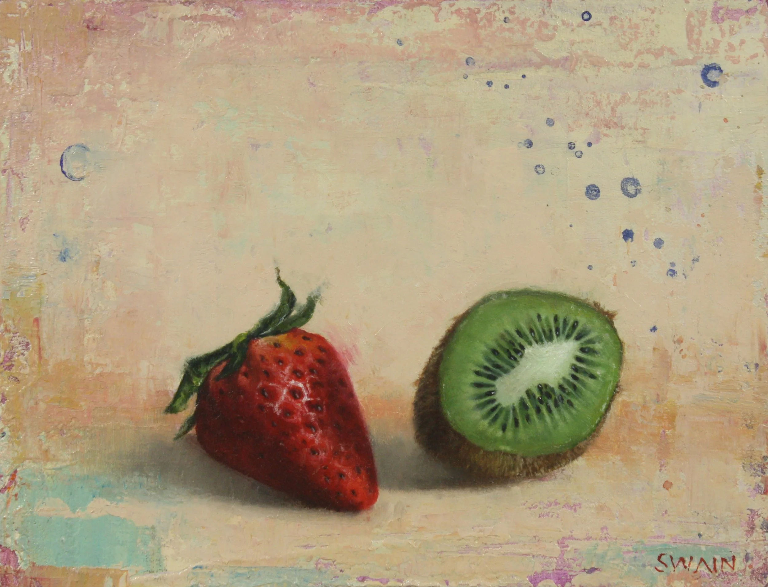 An original small work oil painting by artist Tyler Swain depicting a strawberry sitting quietly alongside a kiwi fruit.