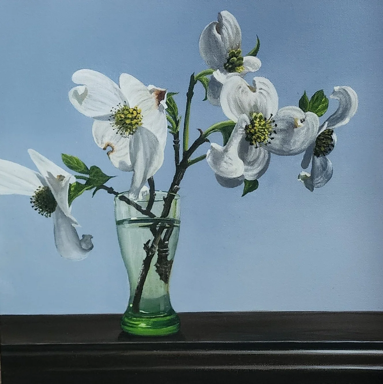 An original oil painting by Loren Dibenedetto depicting a collection of dogwood blooms in a green water glass.