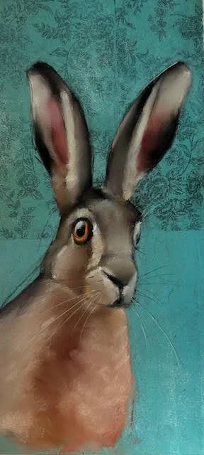 An original pastel on monotype by artist Sylvia Gonzalez depicting a skeptical jack rabbit.