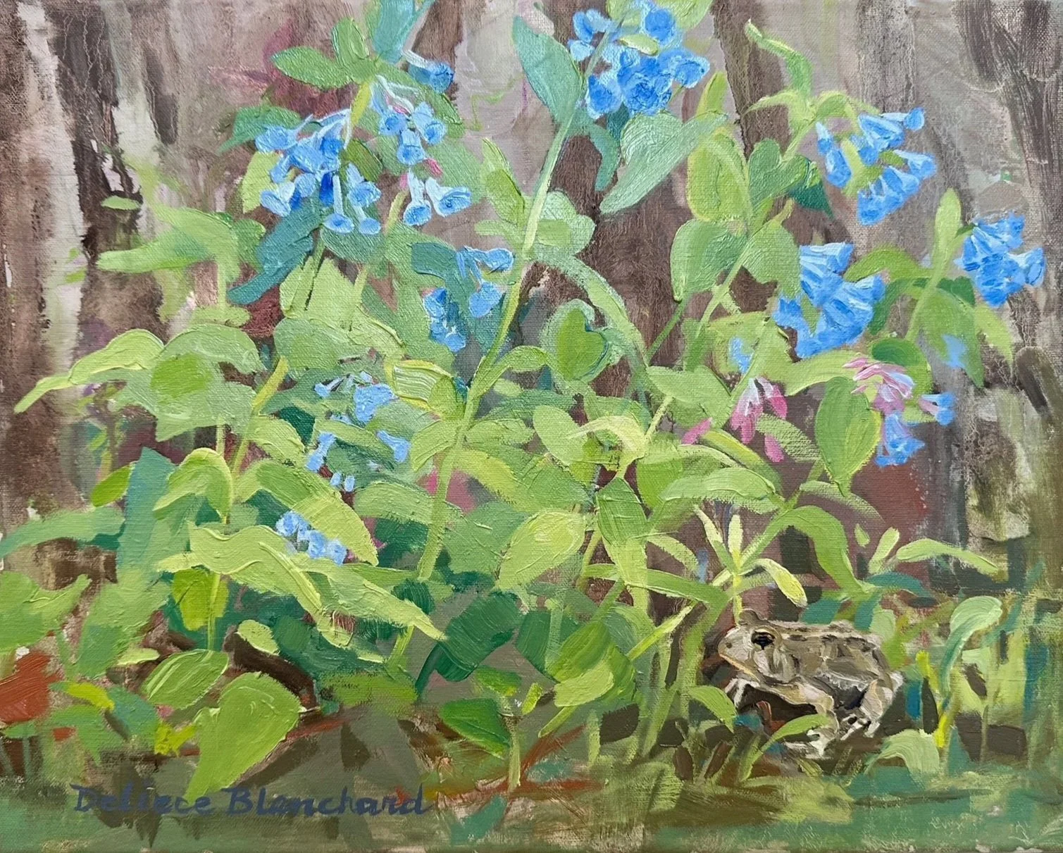 An original oil painting by artist Deliece Blanchard depicting bright Virginia Bluebells and a Common Toad.