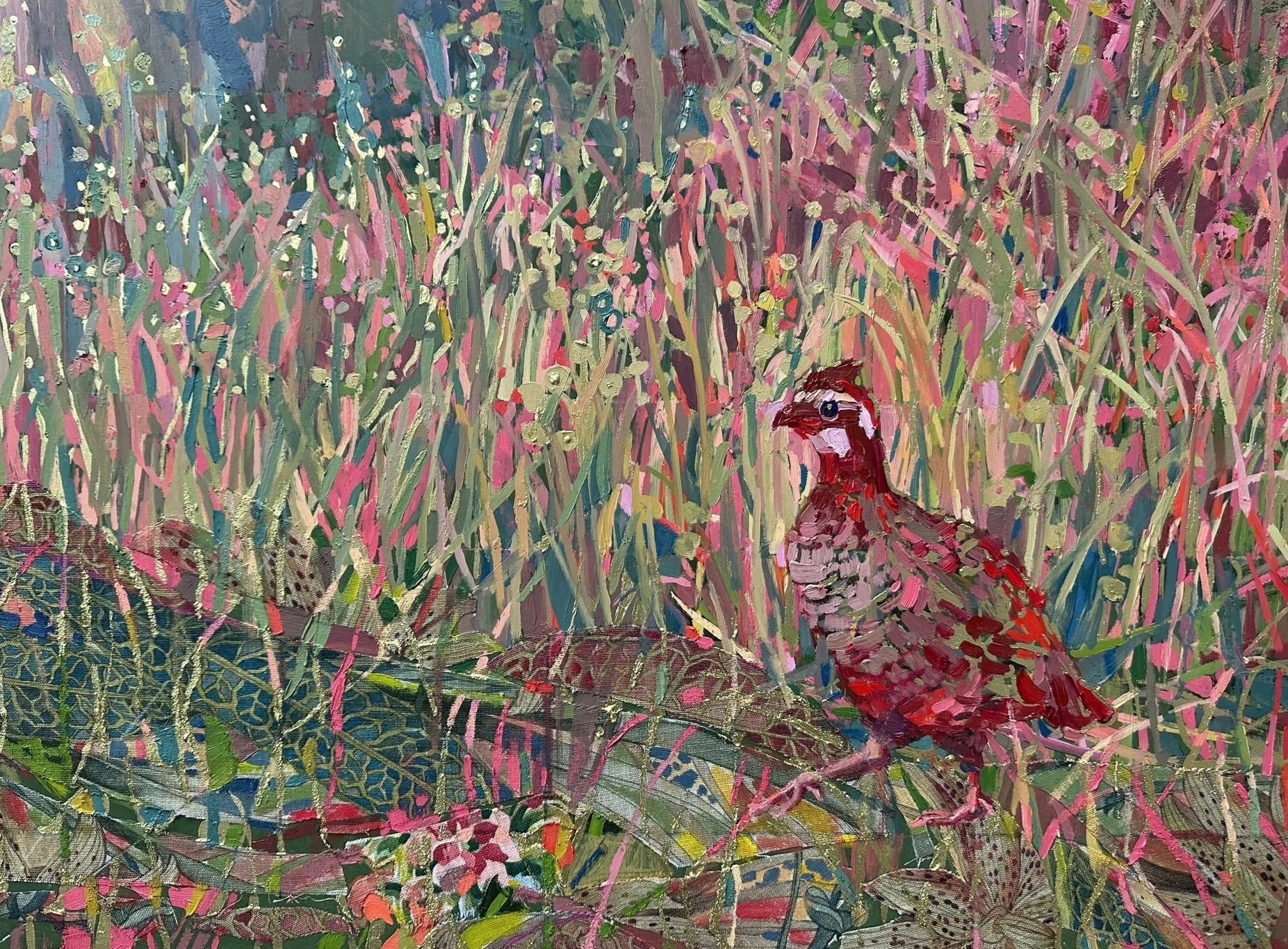 An original mixed media painting by artist Deliece Blanchard depicting a curious northern bobwhite in a colorful field.