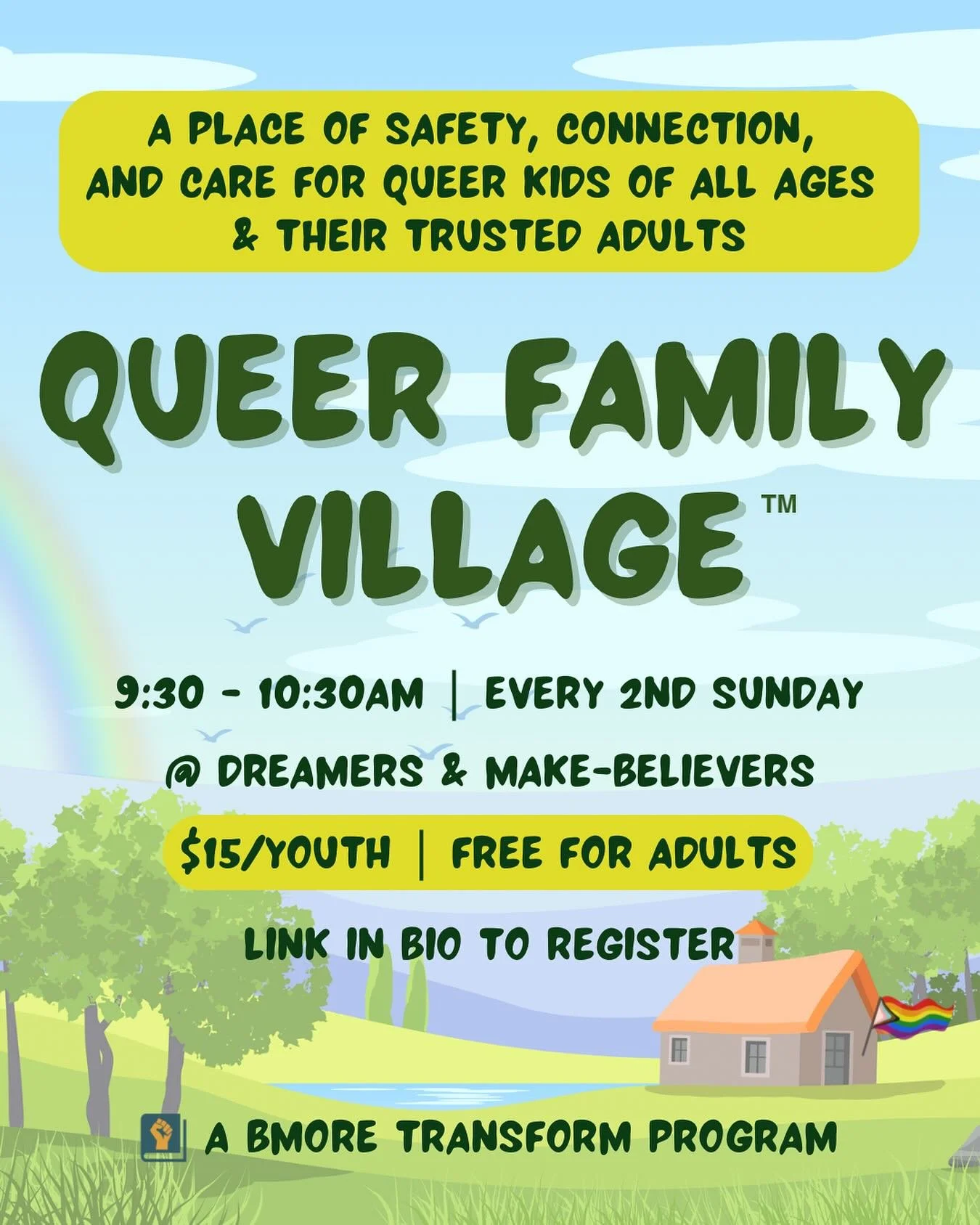This Sunday, join us for our next session of Queer Family Village&trade;️! This monthly space is curated for and dedicated to Queer youth of all ages and their trusted adults. We gather to share our resources, our stories, our challenges, and our joy