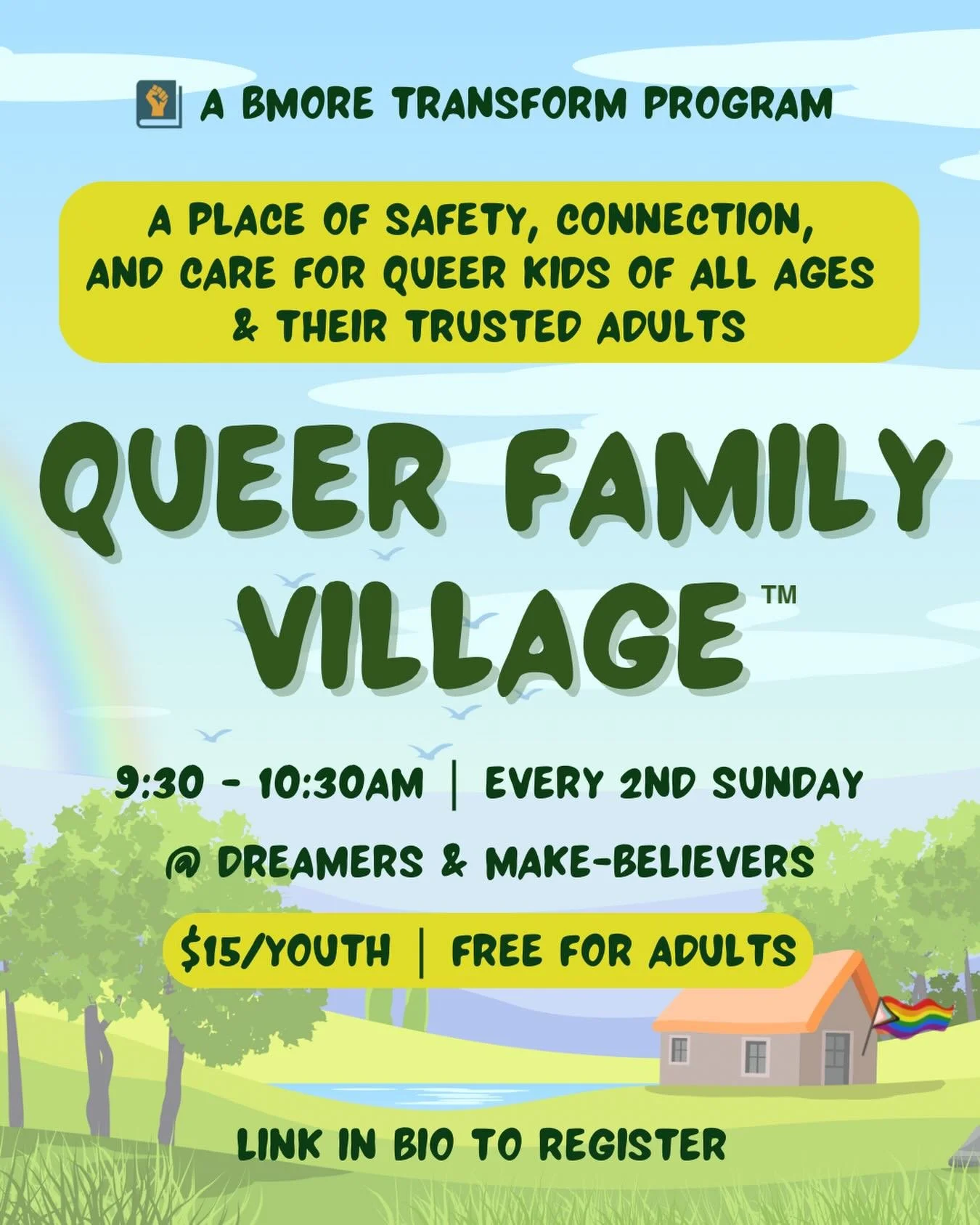 Our first 🌈 Queer Family Village&trade;️ session of 2026 is almost here! Join us on Sunday, January 11 at 9:30a for our next monthly session. As always, our focus remains on both cultivating joy and authentic connection for Queer youth and their tru