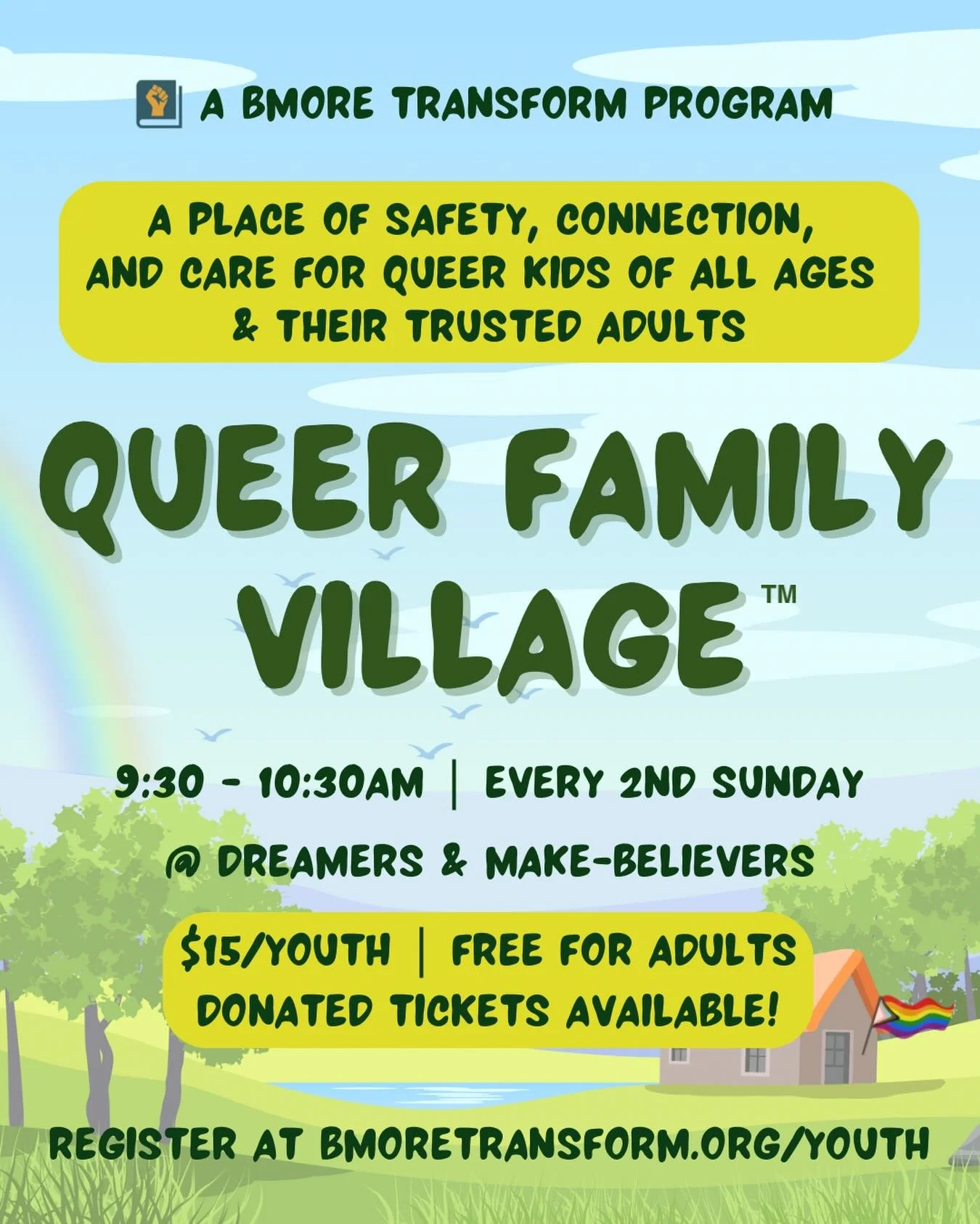 🌈 Join us Sunday, April 12th for our next Queer Family Village&trade;️ session!

Queer Family Village&trade;️ is a monthly safe, affirming environment where Queer youth can feel accepted, understood, and supported by other Queer youth, while their t