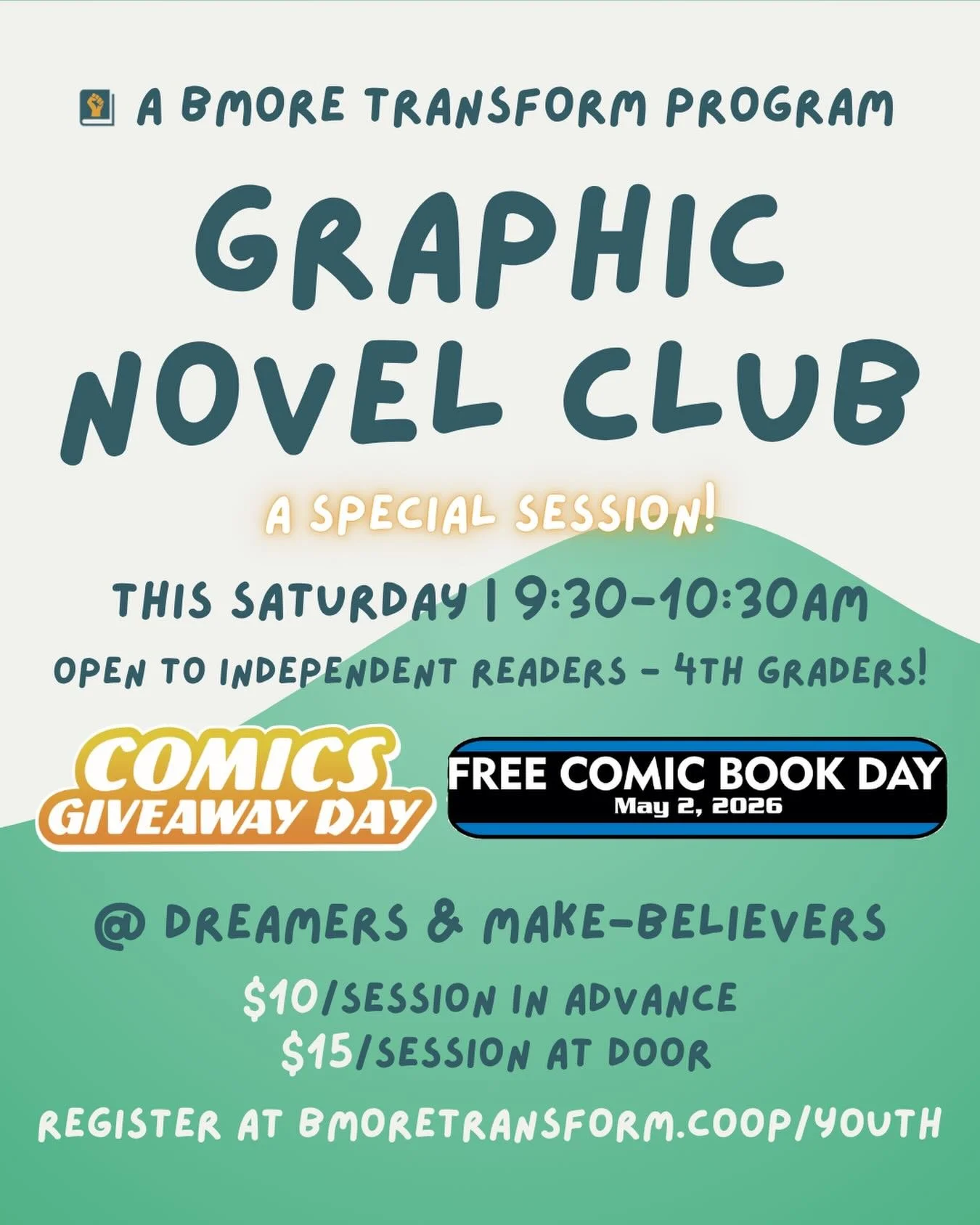 ✨Special session alert! 

May&rsquo;s Graphic Novel Club will be extra fun, as we celebrate Comics Giveaway Day and Free Comic Book Day! 💥 

Spots are limited this month, so grab a ticket for your vivacious reader!!
