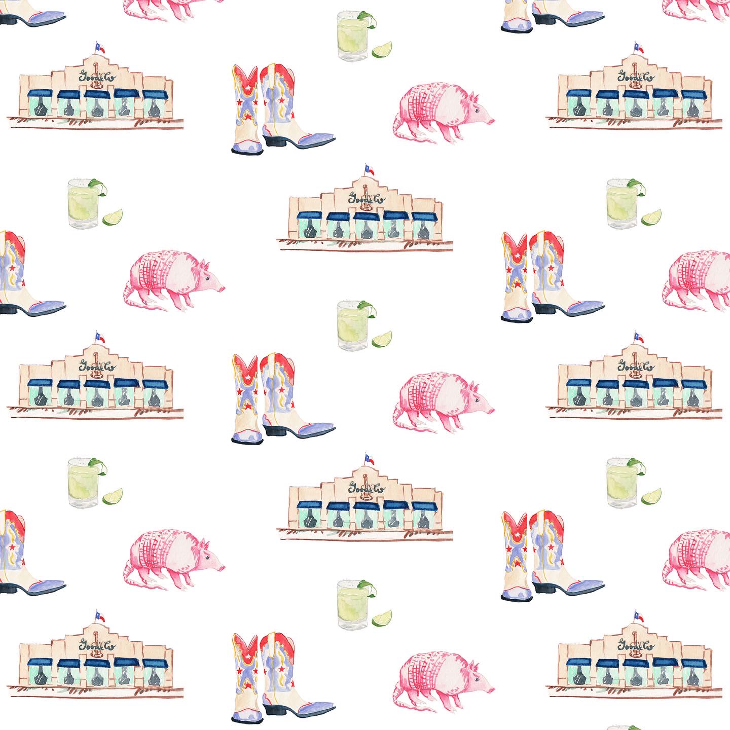 Texas Toile, Y'all. Watercolor illustration for an invitation suite, 2022.