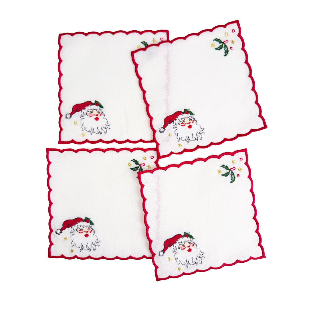 Vintage Santa Cocktail Napkin

Set of 4
6" x 6"
Linen with embroidery
Designed for Biscuit Home in 2025