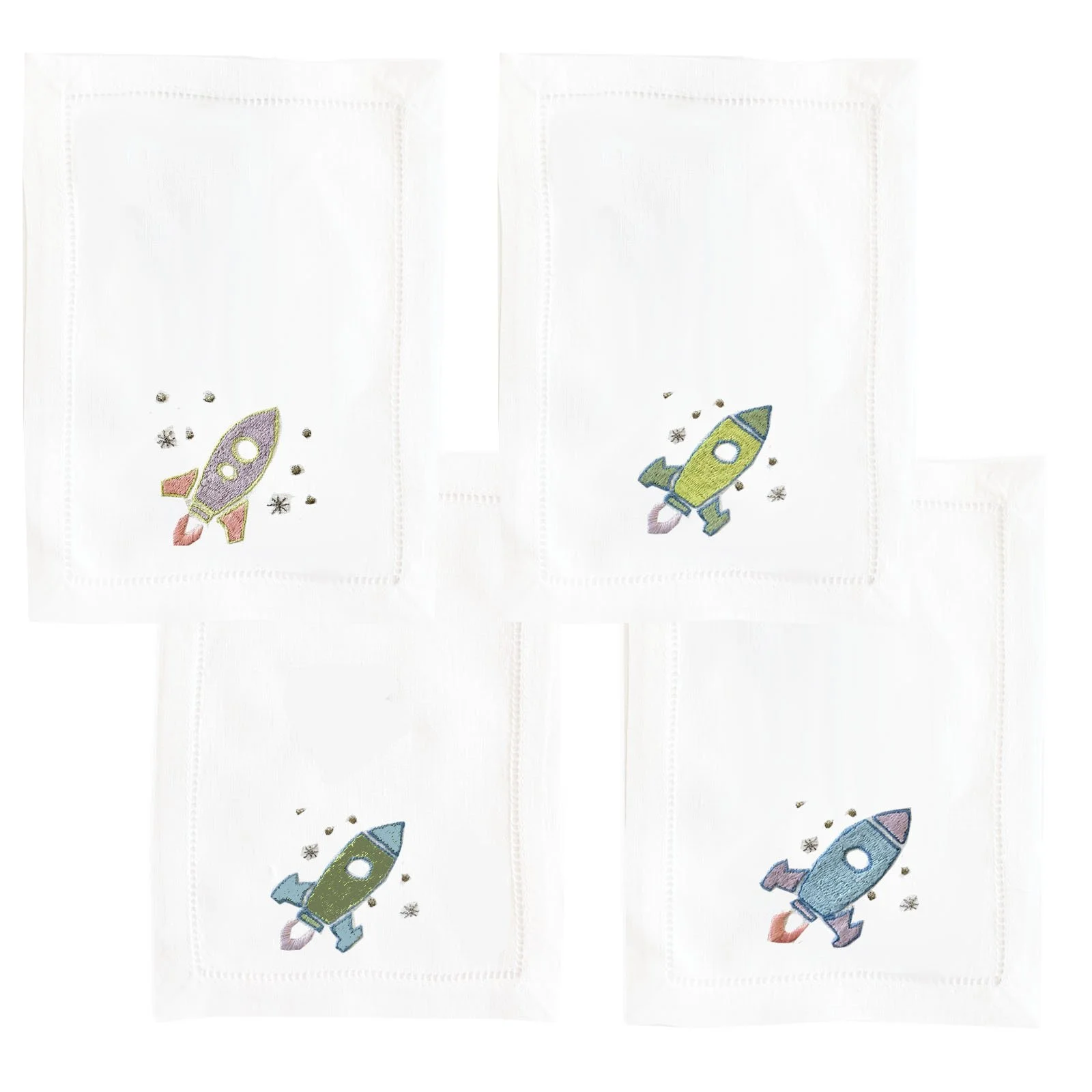 Spaceship Cocktail Napkin

Set of 4
6" x 9"
Linen with embroidery
Designed for Biscuit Home in 2020. 