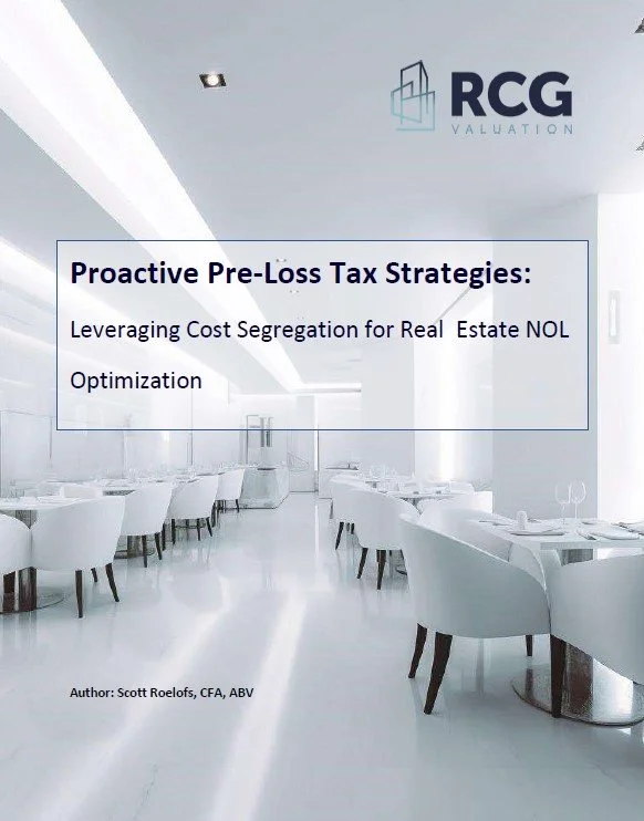 Cover of a publication titled 'Proactive Pre-Loss Tax Strategies: Leveraging Cost Segregation for Real Estate NOL Optimization' by Scott Roelofs, CFA, ABV, with a modern, white interior space background featuring white chairs and tables.