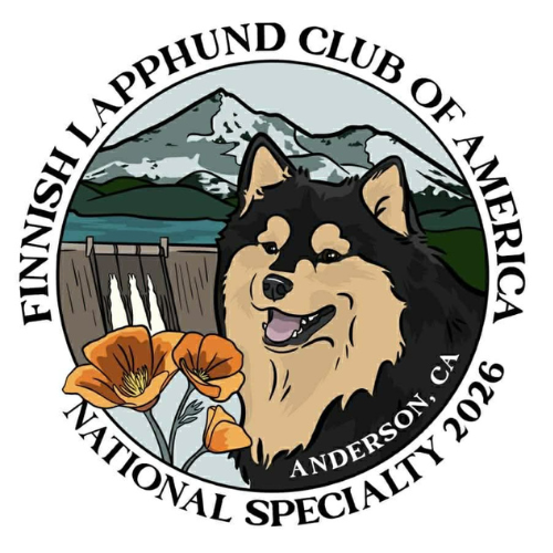 Logo for the Finnish Lapland Club of America featuring a black and tan dog, mountains, water, poppies, and text about the club and its national specialty in 2026.