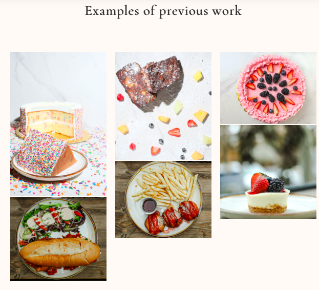 Collage of six images of desserts and fast food including a birthday cake, chocolate brownies, a pink cupcake with berries, a burger with fries, chicken wings with sauce, and a cheesecake with berries.