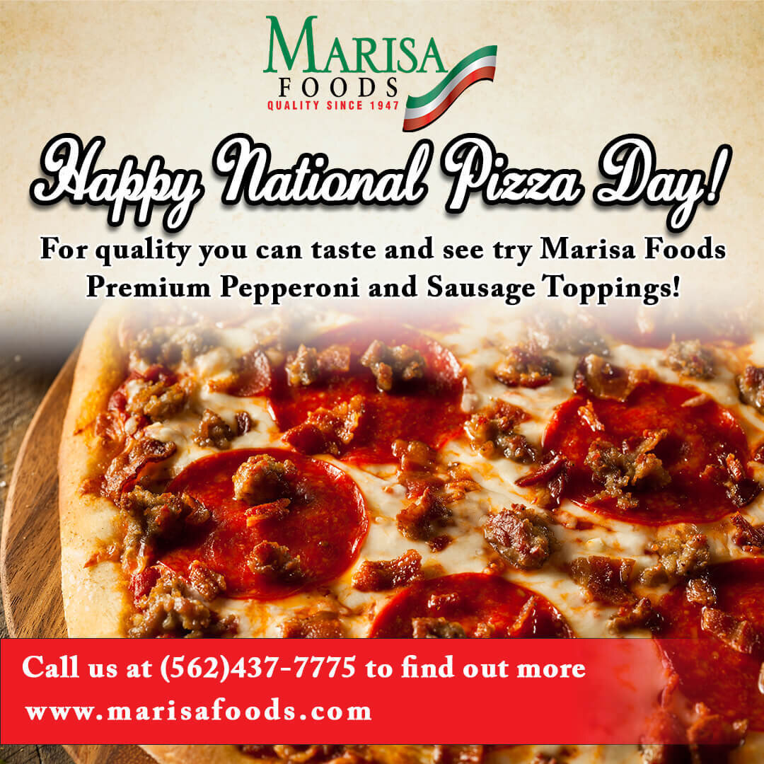 Celebrating National Pizza Day! Marisa Premium Quality Pepperoni is made with top-notch ingredients and cooks up to a deep red color with a moderately spicy flavor. Our Sausage Topping is a delicious, profitable, easy-to-use product worthy of your mo