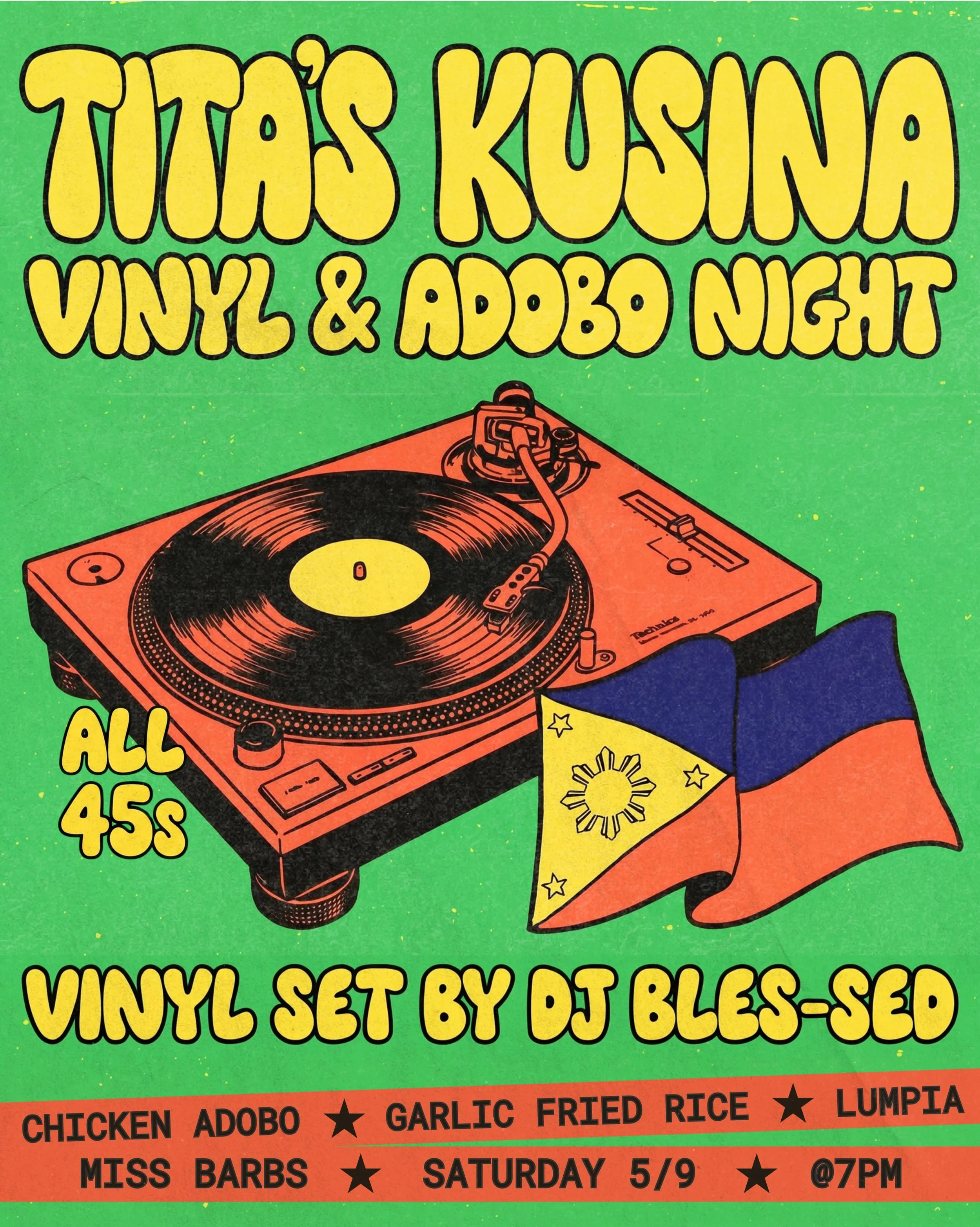 THIS SATURDAY!! 🇵🇭 welcome to Tita&rsquo;s Kusina!! 
@dj_bles_sed will be on the decks with an all 45s vinyl set!! And we&rsquo;ll be serving up Filipino chicken adobo with all the fixings 😮&zwj;💨🍴
Vinyl nights hit different with adobo on the ta