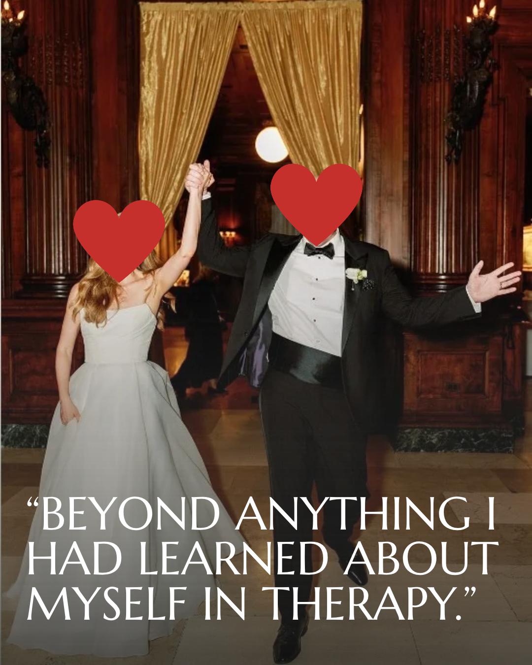 A bride and groom dancing at their wedding reception in a grand wood-paneled room with dark wood walls and gold curtains.