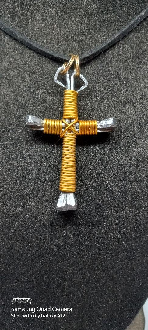 Bright Gold Horseshoe Nail Cross Necklace (LG)