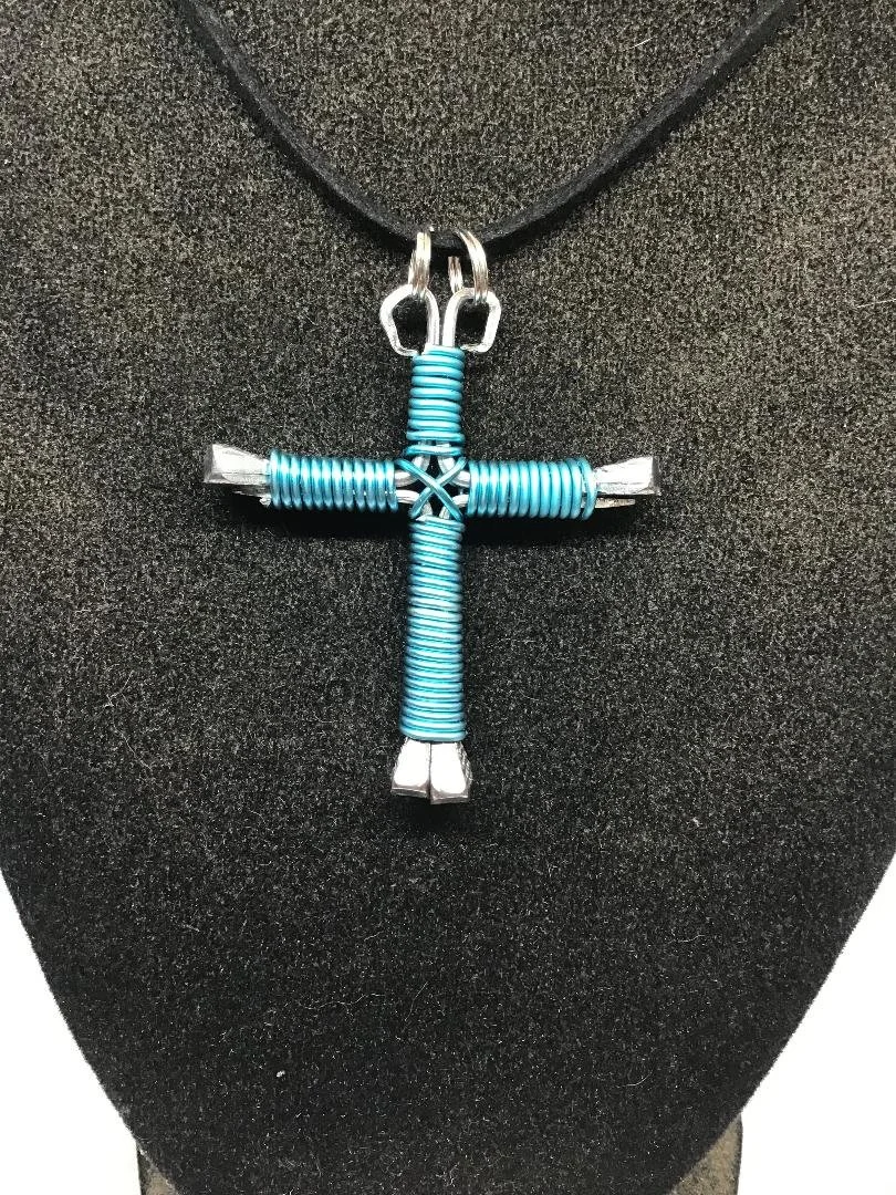 Teal Horseshoe Nail Cross Necklace (LG)
