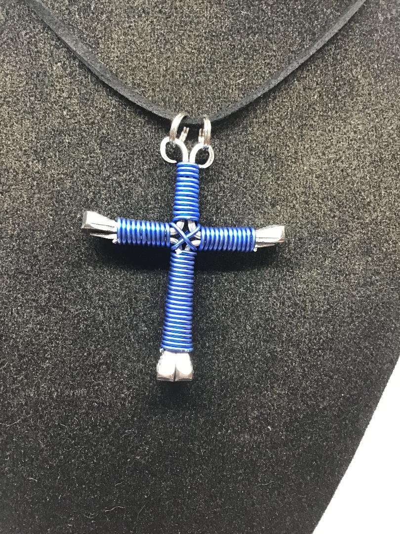 Royal Blue Horseshoe Nail Cross Necklace (LG)