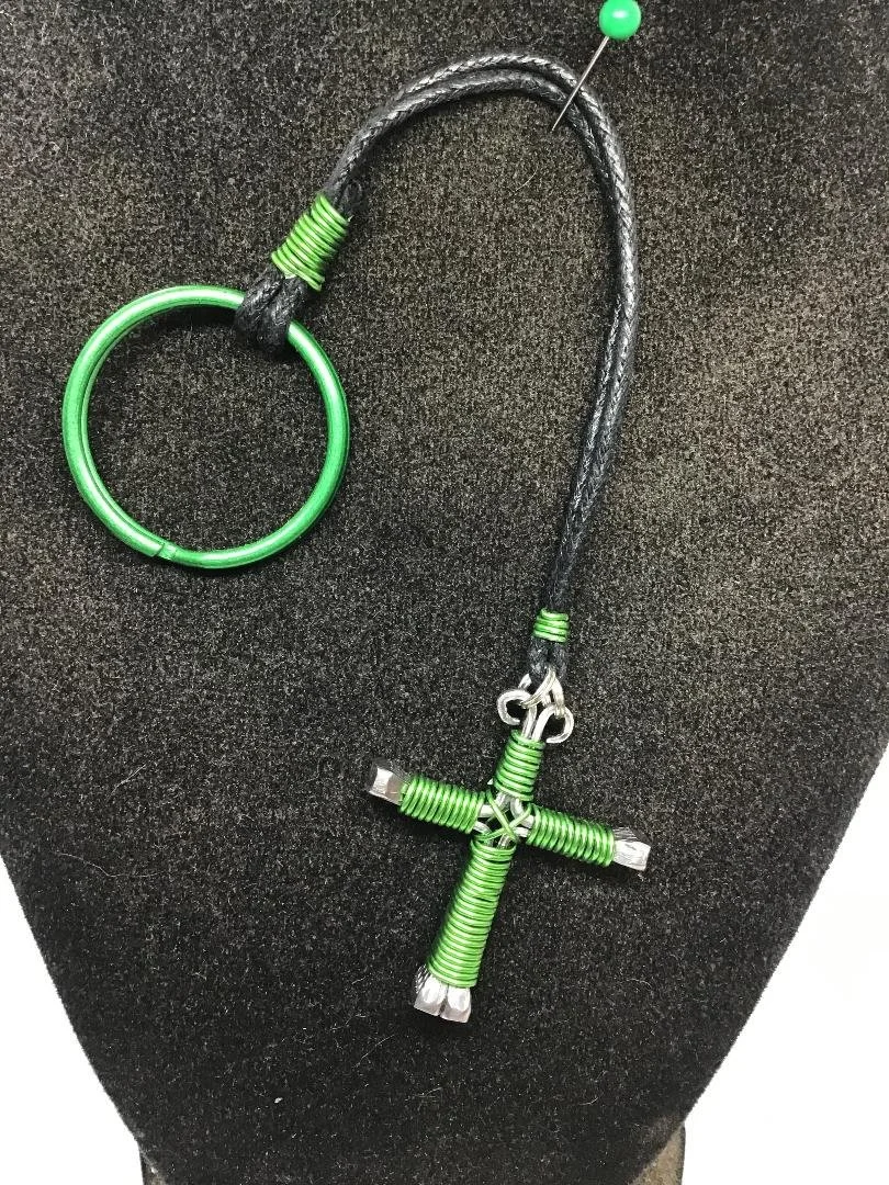 Green Horseshoe Nail Cross KeyChain (SM)