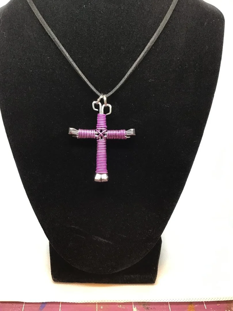 Purple Horseshoe Nail Cross Necklace (LG)