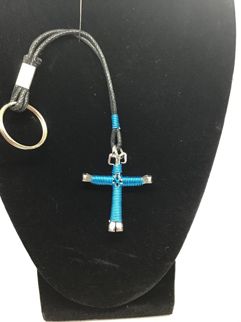 Peacock Blue Horseshoe Nail Cross KeyChain (SM)