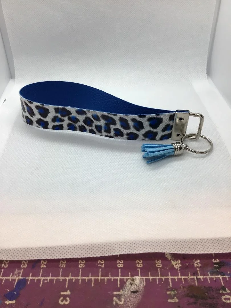 Blue Leopard Faux Leather Key Fob with HTV and Tassel