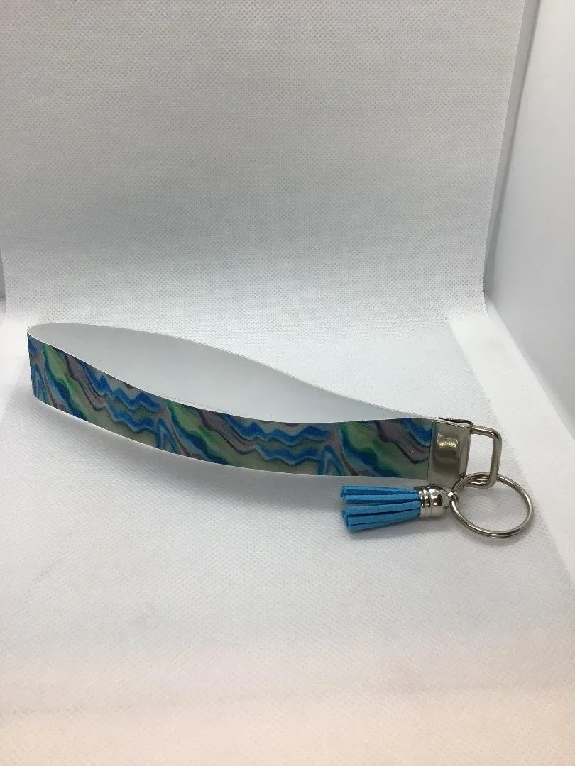 Blue Multi color Faux Leather Key Fob with HTV and Tassel