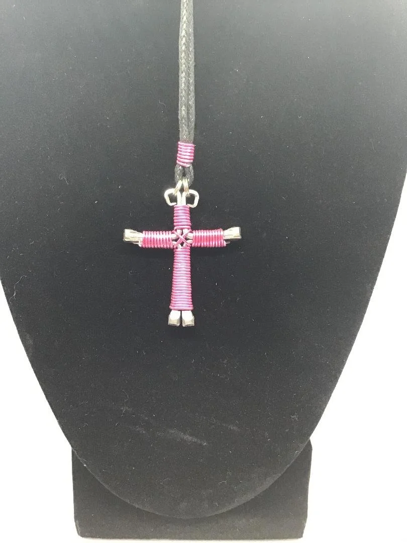 Dark Pink Horseshoe Nail Cross Keychain (SM)